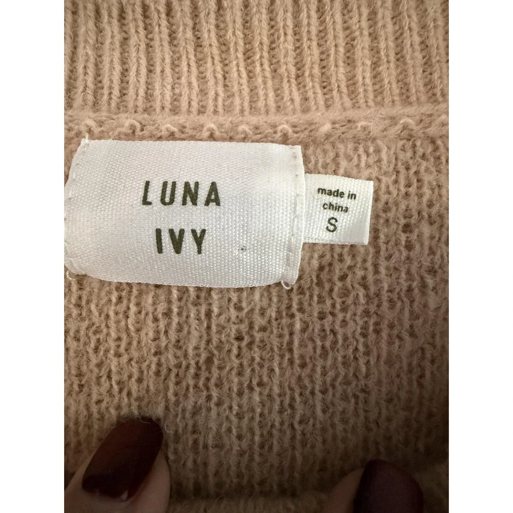 Luna Ivy Sweater Womens Small Beige Bow Crew Neck Long Sleeve Knit Pullover